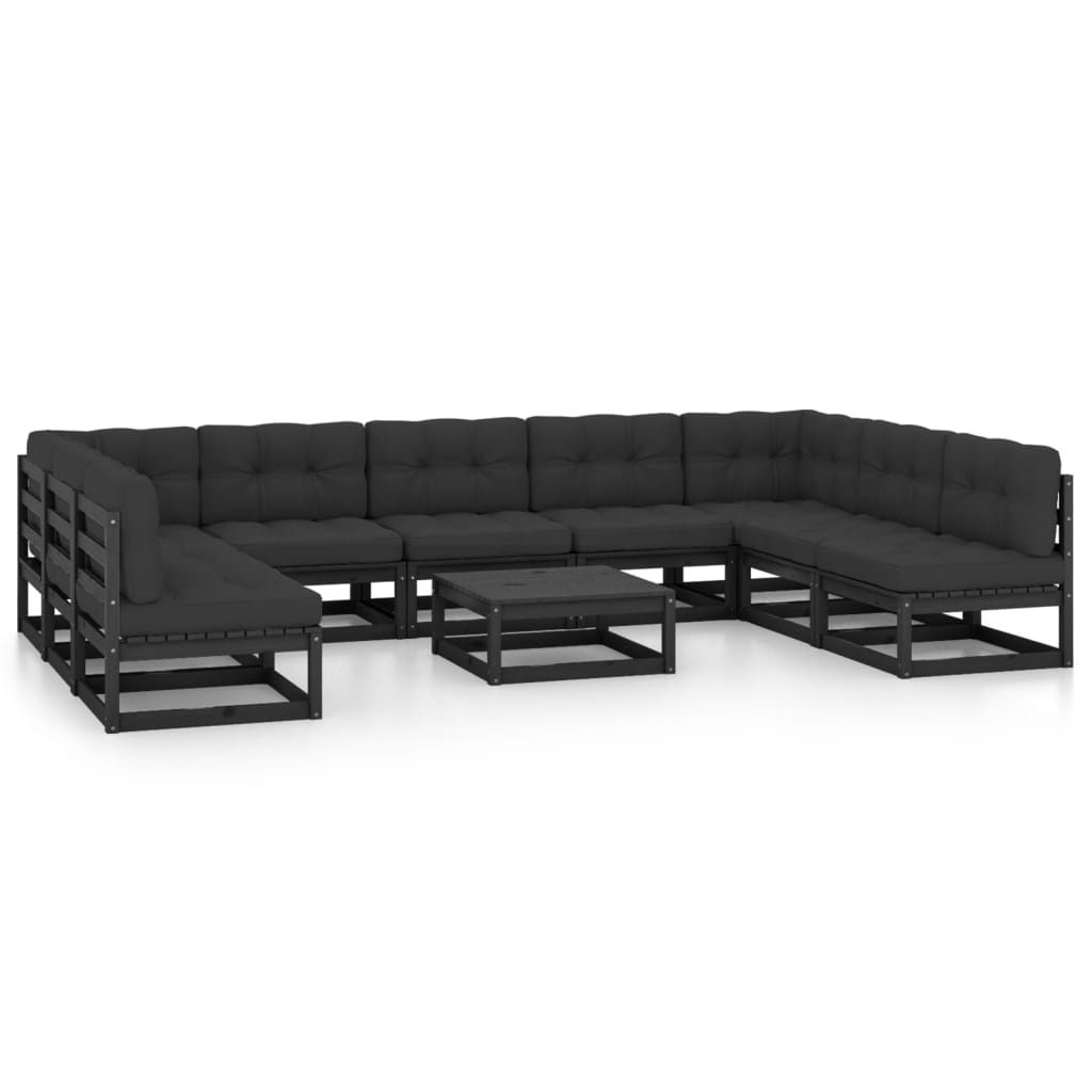 10-tlg. Garten-Lounge-Set mit Kissen Schwarz Kiefer Massivholz